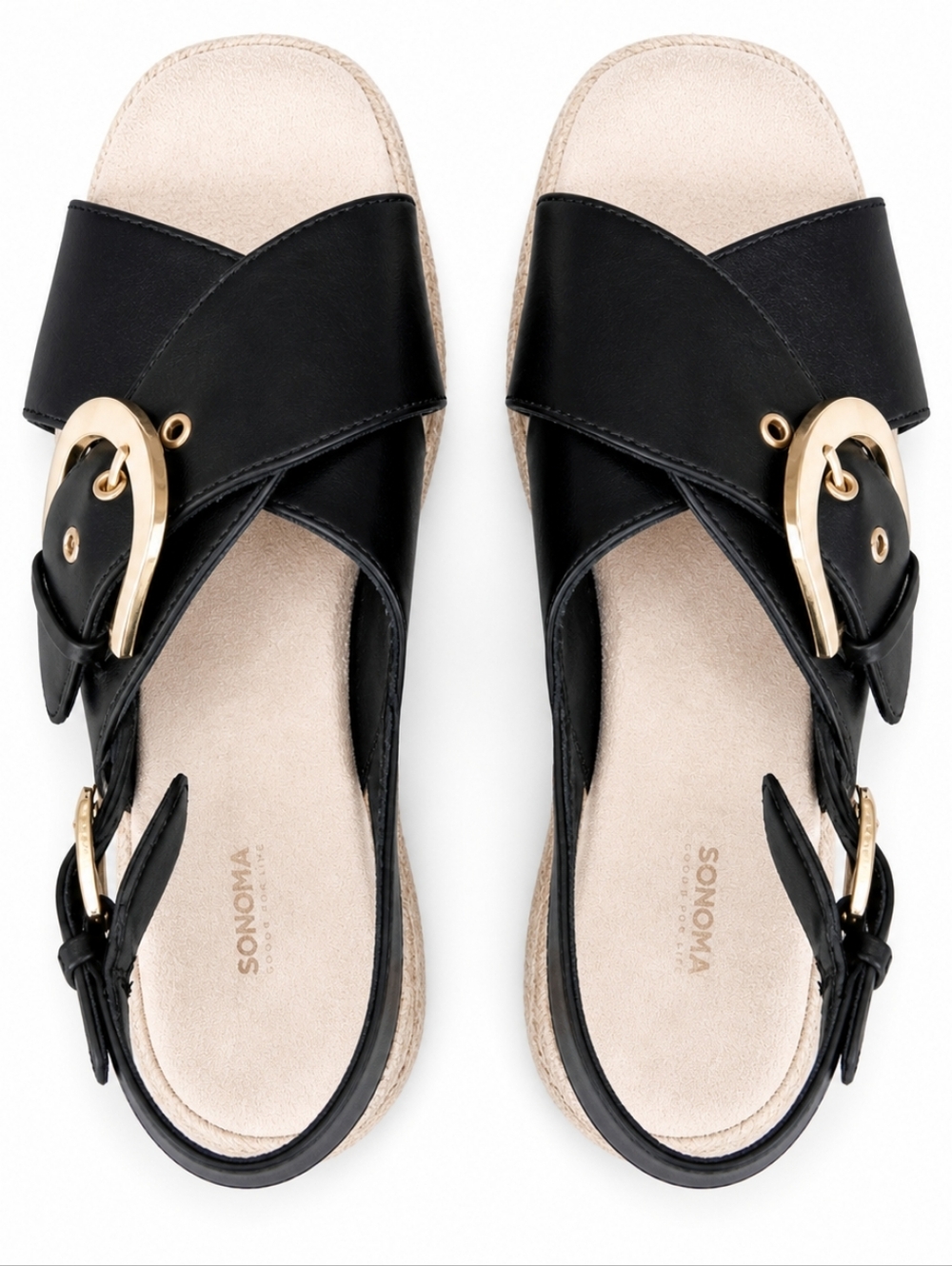 Sonoma Black Platform Sandals Size 7 Gold Buckle Espadrille Wedge Casual Chic - Picture 4 of 13